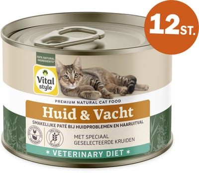 VITALstyle Huid & Vacht - Kattenvoer Natvoer - Ondersteunt Bij Huidproblemen En Extreem Verharen - Met o.a. Brandnetel & Sint Janskruid - 12 x 200 g