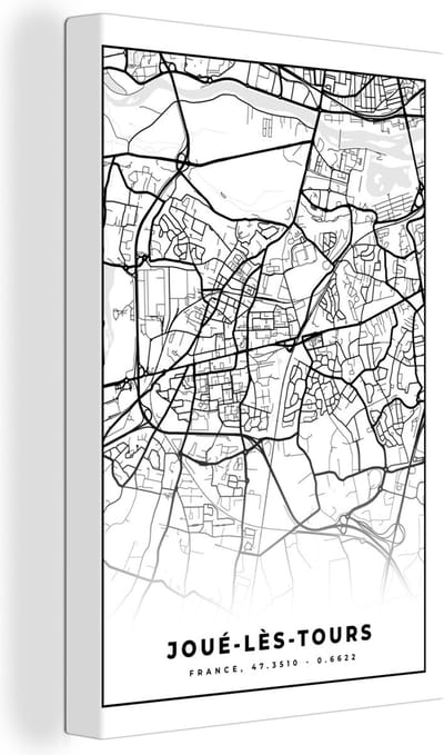 Canvas Schilderij Frankrijk - Kaart - Plattegrond - Joué-lès-Tours - Stadskaart - Zwart wit - 20x30 cm - Wanddecoratie
