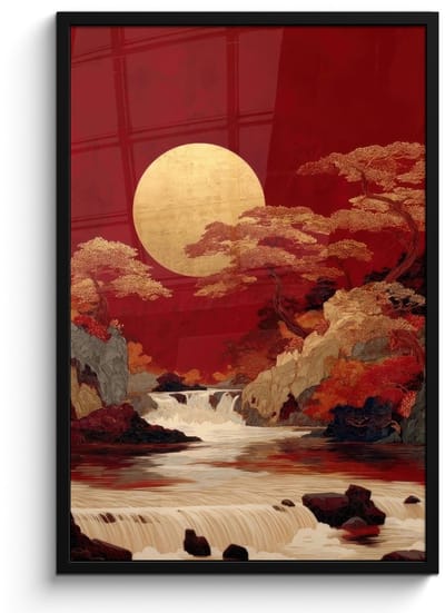 Poster in lijst - Fotolijst 60x90 cm - Posters - Volle maan - Landschap - Waterval - Posterlijst zwart - Decoratie - Wanddecoratie woonkamer - Muurdecoratie slaapkamer