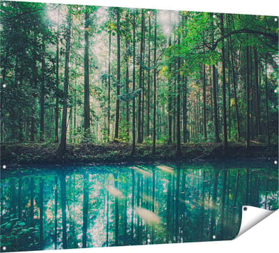 Gards Tuinposter Bos bij een Groen Meer - 160x120 cm - Tuindoek - Tuindecoratie - Wanddecoratie buiten - Tuinschilderij