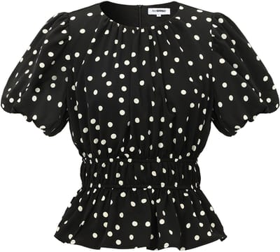 Gimme - Peplum Polkadot Top – Trendy Top met Stippenprint – Modieus Shirt met Flatterend Accent - Zwart - Maat M