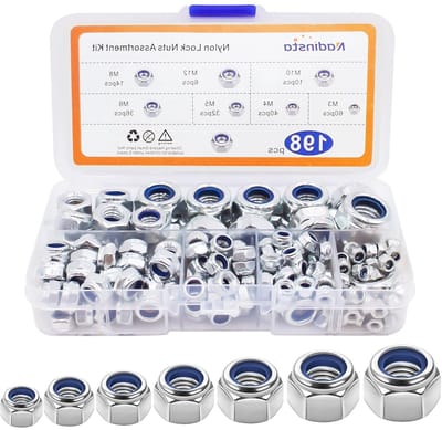 198 Stuks Nylock Moeren, Zelfvergrendelende Nylon Moer Set M2 M3 M4 M5 M6 M8 M10 M12, Roestvrijstalen Nyloc Moeren voor Bevestigingsmiddelen en Schroeven