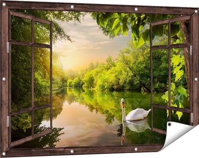 Gards Tuinposter Doorkijk Zwaan op het Water in het Bos - 120x80 cm - Tuindoek - Tuindecoratie - Wanddecoratie buiten - Tuinschilderij