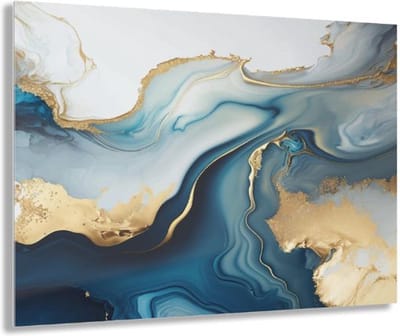 Indoorart - Glasschilderij abstract marmer blauw goud 60x40 CM - Afbeelding op plexiglas - Inclusief montagemateriaal