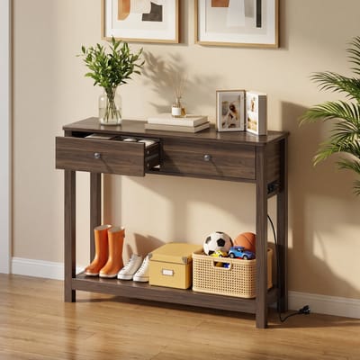 Bealife FS32 Console tafel – Met 2 laden, 2 stopcontacten, USB & Type-C – Waterbestendig – 100×30×80 cm – Bruin houtnerf