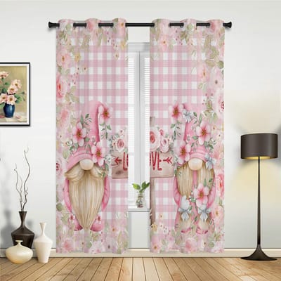 Valentijnsdag Gnome Bloemen Plaid Raamgordijnen voor Woonkamer Slaapkamer Gordijn Modern Keuken Rolgordijnen Drapes Gordijnen 135W x 60H(cm) x1