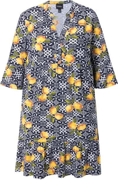 Ulla Popken - Dames - Jersey jurk A-lijn tuniekhals 3/4-mouw - Marine - Maat 46+
