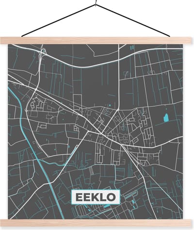 Posterhanger incl. Poster 40x40 cm - Schoolplaat - Stadskaart – Grijs - Kaart – Eeklo – België – Plattegrond - Textielposter - Blanke latten - Stadskaart
