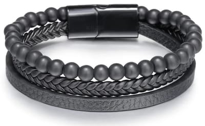 Armband Heren - Zwart Leer met Zwarte Kralen - Leren Armbanden - Kralenarmband - Papa Cadeau Voor Mannen - Vaderdag