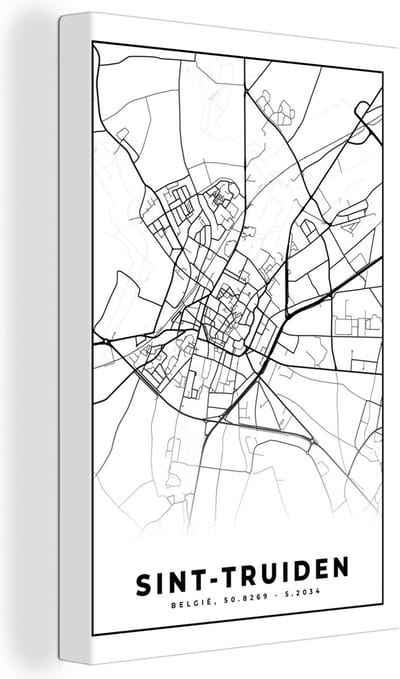 Canvas Schilderij Stadskaart – Plattegrond – België – Zwart Wit – Sint Truiden – Kaart - 20x30 cm - Wanddecoratie