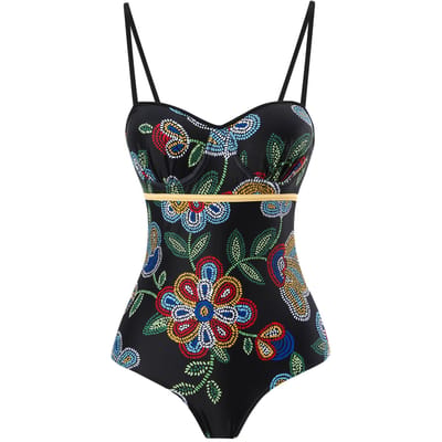 Maillot de bain une pièce le plus récent pour femmes Ajusté Amincissant Style Vintage Imprimé avec Support Acier Coque Rigide Maillot de bain Mousseline Longue Jupe XXL black