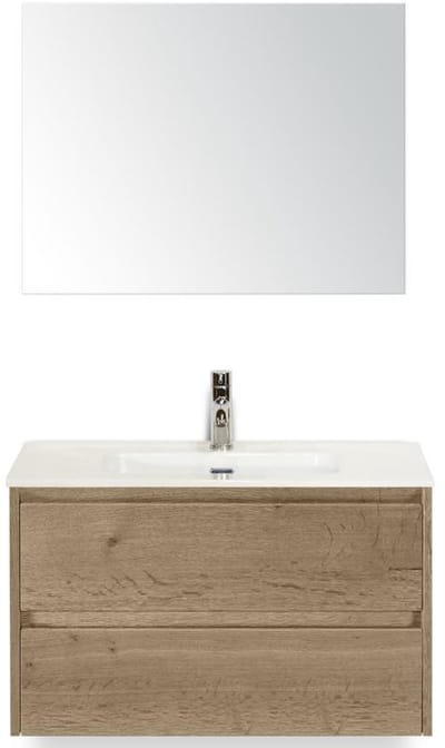 Dante Badmeubelset 80 cm - Natuur Eiken - Keramische Wastafel Wit Cover met Spiegel