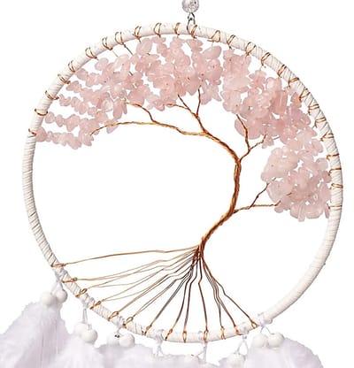 Dromenvanger Levensboom rozenkwarts - Roze - Veren - Handgemaakt - Liefde - Slaapkamer - Kinderkamer - Droom - 16 x 55 cm