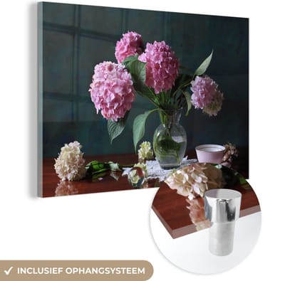 ® Glasschilderij 180x120 cm - Schilderij acrylglas - Vaas met Hortensia's - Foto op glas - Muurdecoratie woonkamer - Wanddecoratie slaapkamer - Schilderijen