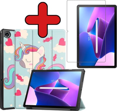 Hoesje - Geschikt voor Lenovo Tab M10 Plus (3e / 3rd Generatie) - Met Screenprotector - Hardcover Book Case - Trifold Bookcase Hoes - Hard Cover - Tablethoes - Eenhoorn