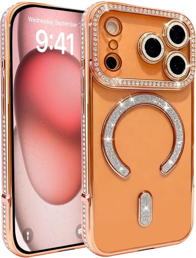 Magnetische glitterdiamanthoes voor iPhone 17Pro Max, siliconen hoesje [MagSafe-compatibel] glanzende cameralensbescherming met strass-steentjes, transparante slim hoes (oranje, voor iPhone 17ProMax)