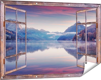 Gards Tuinposter Doorkijk Meer in de Bergen - 120x80 cm - Tuindoek - Tuindecoratie - Wanddecoratie buiten - Tuinschilderij