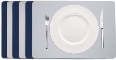 Cookinglife Placemats - Set van 6 - Rechthoekig - Dubbelzijdig - Vegan Lederlook Onderleggers - Grijs/Blauw - 46 x 33 cm