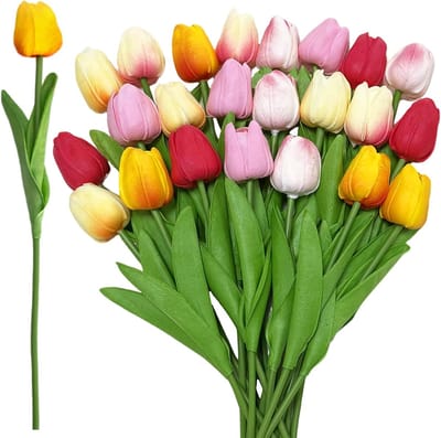 Kunstbloemen - Nep tulpen - Tulpen - 24 stuks - Realistische Latex Tulpen - 30cm - 6 kleuren - Nepboeket - Kunstplant voor Binnen - Kleurige Kunstbloemen Tulpen - voor Decoratie en Geschenken