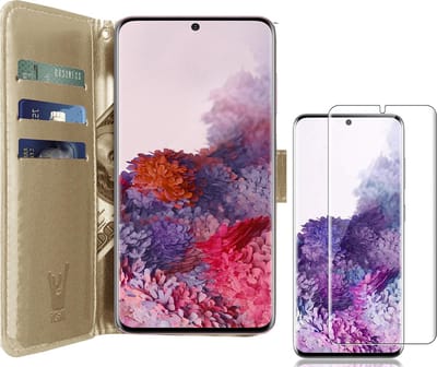 Hoesje geschikt voor Samsung Galaxy S20 - Screen Protector GlassGuard - Book Case Kunstleer Pasjeshouder Goud & Screenprotector