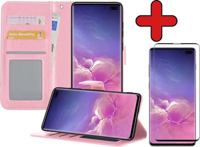 Hoesje - Met Screenprotector - Geschikt voor Samsung Galaxy S10 - Luxe Pasjeshouder - Flipcase - Bookcase Portemonee - Flip Case - Kunstleer Book Case - Book Cover - Walletcase - Portemonneehoes - Telefoonhoes - Lichtroze