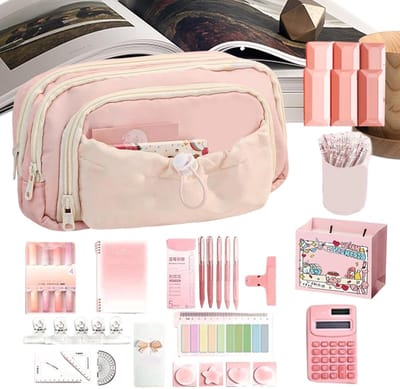 Etui met Hond Ontwerp - Pennendoosje Pennenhouder - Bureau Organisatie - Stervormig Trekkoord - 22 x 15 cm - Roze