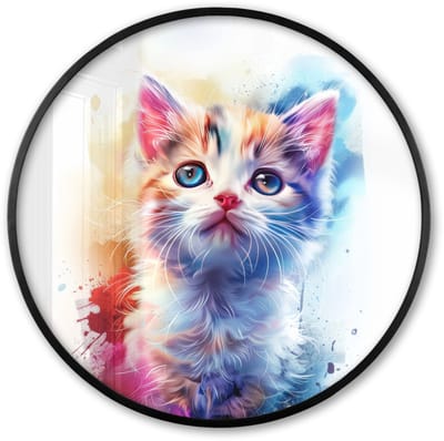 Poster in lijst Rond - Fotolijst 60x60 cm - Posters - Kat - Portret - Kleuren - Verf - Wit - Ronde posterlijst zwart - Decoratie - Wanddecoratie woonkamer - Muurdecoratie slaapkamer