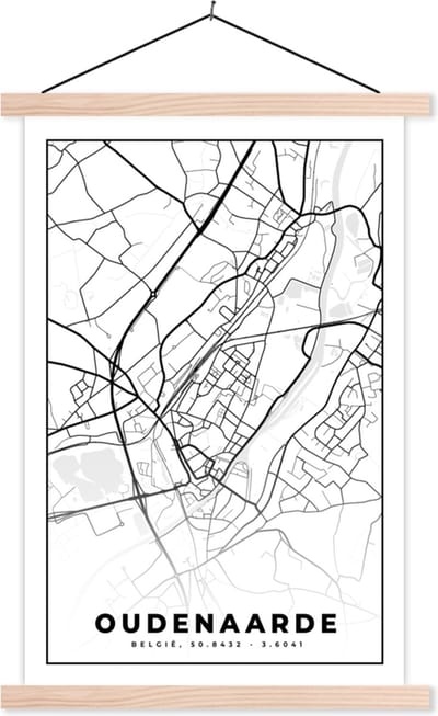Posterhanger incl. Poster 40x60 cm - Schoolplaat - Zwart Wit – België – Plattegrond – Stadskaart – Kaart – Oudenaarde - Textielposter - Blanke latten - Stadskaart