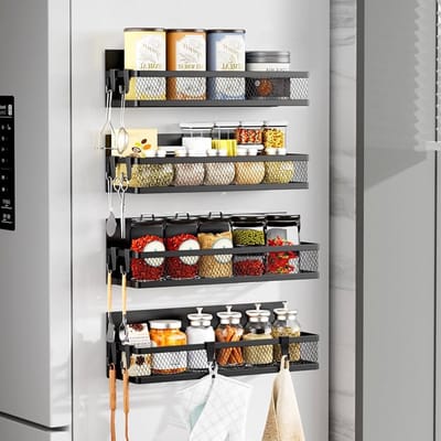 Magnetische keuken organizer - 4-delig magnetisch rek met haken - Ruimtebesparende opbergmand voor koelkast, wasmachine - Sterk magnetisch, geen boren nodig