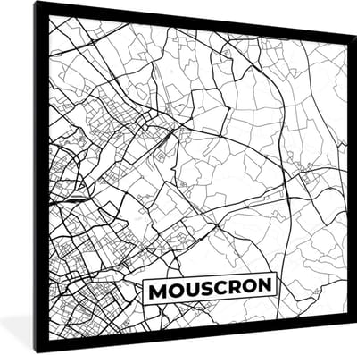 Fotolijst incl. Poster Zwart Wit- Stadskaart – Plattegrond – België – Zwart Wit – Mouscron – Kaart - 40x40 cm - Posterlijst