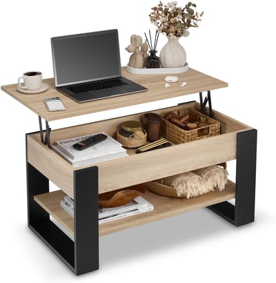 defiPad Salontafel met opklapbaar blad, plank en opbergruimte - Industrieel, Lofotisch - Zwart + Sonoma Eiken