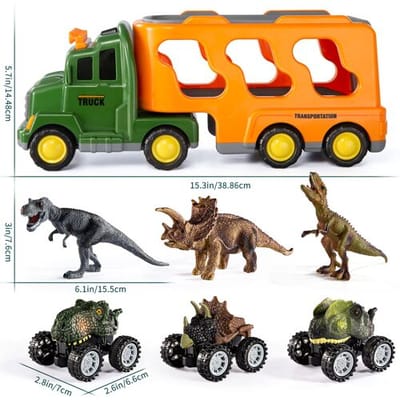 TEMI dinosaurusvrachtwagenspeelgoed met 3 dinosaurusfiguren en 3 monsterauto's 7-in-1 frictiespeelgoedvoertuig in transportwagen met licht en geluid