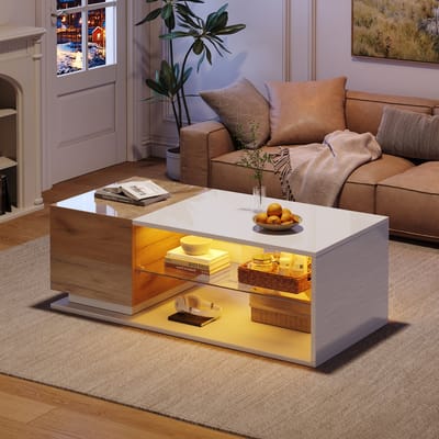 MODENUIT Salontafel - Met LED-Verlichting En Opbergruimte - Voor Woonkamer - Spaanplaat En Glas - 105x50x36 Cm