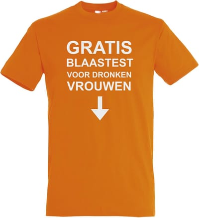 T-shirt Gratis blaastest voor dronken vrouwen | T-shirt met leuke tekst | T shirt grappig | Oranje | maat XS