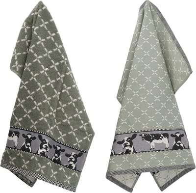 Luxe Keukendoek en Theedoek Koe Donkergroen van Bunzlau Castle | 100% Biologisch Katoen | Keukendoek 60x53cm en Theedoek 65x65cm