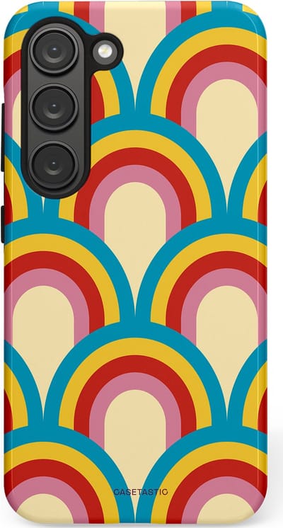 Casetastic hoesje geschikt voor Samsung Galaxy S23 - Dubbellaagse bescherming - Retro regenboog - Fashion Case - Lichtblauw Crème Goud Rood