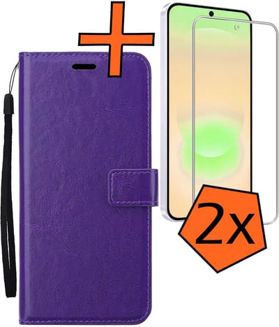 Hoes - Met 2x Screenprotector - Geschikt voor Samsung Galaxy A37 - Luxe Pasjeshouder - Bookcase Portemonee - Flip Case - Kunstleer Book Case - Flipcase Hoes - Book Cover - Walletcase - PortemonneeHoes - Paars