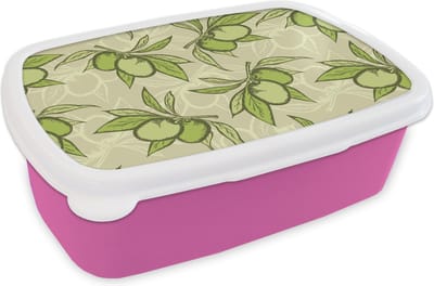 Broodtrommel Roze - Lunchbox - Brooddoos - Olijf - Bladeren - Vegan - Design - Vintage - 18x12x6 cm - Kinderen - Meisje