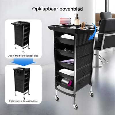 6-Laags Kappers Trolley – Multifunctionele Salon Roltafel met 4 Zwenkwielen – Hairdressing Trolley voor Kappers en Beauty Salon – Zwart