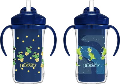 Dr. Brown's Milestones Geïsoleerde Rietjesbeker 300 ml (Blauwe/Groen) – Lekvrije Drinkbeker met Handgrepen, Schuifdeksel & Zacht Siliconen Rietje – BPA-vrij