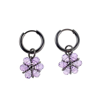 ∅14mm x 2mm Oorringen Dames - Gepolijst RVS - Paarse Gefacetteerde Kristallen Bloem Hanger - Bungelende Oorbellen