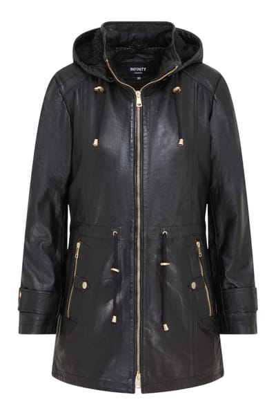 Zwarte leren parka voor dames met afneembare borg capuchon en trenchcoat - Emilia