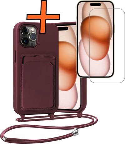 Hoesje Geschikt voor iPhone 14 Pro Max Hoesje Met Telefoonketting Pasjeshouder Case Met Screenprotector Koord - Hoesje Geschikt voor iPhone 14 Pro Max Hoes Met Kaarthouder - Aubergine