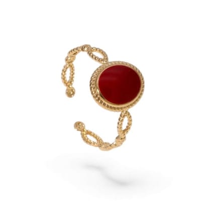Aramat Jewels | Ringen | Open Ring RVS Ovaal Emaille met Dot Reliëf (Goudkleurig) | Rood | |12mm | Staal | Volwassenen | Verkleurd niet