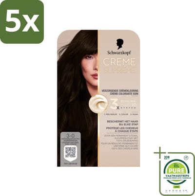 5 x Schwarzkopf - Haarkleuring - Creme Supreme 3-0 - Natuurlijk Extra Donkerbruin - 245g - Grootverpakking - Permanente Haarkleur - Donkerbruin Haar - Grijsdekking - Haarkleuring Verzorging - Schwarzkopf Creme Supreme