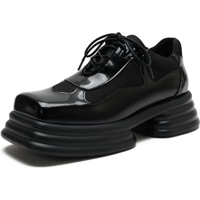 Loafers Nieuwe Dikke -Zool Sponscake Retro Britse Stijl Kleine Leren Schoenen Dames Vierkante Neus Dikke Hak Enkele Schoenen College Stijl 40 zwart