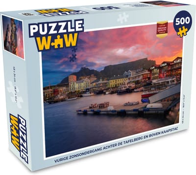 Puzzel Vurige zonsondergang achter de Tafelberg en boven Kaapstad - Legpuzzel - Puzzel 500 stukjes