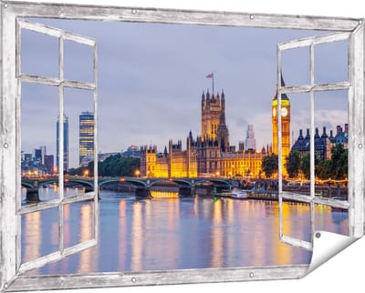 Gards Tuinposter Doorkijk London Big Ben en Westminster Brug - 150x100 cm - Tuindoek - Tuindecoratie - Wanddecoratie buiten - Tuinschilderij