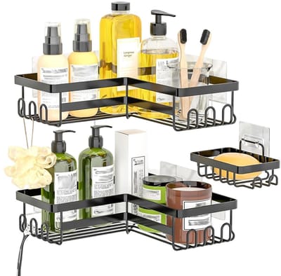 GELLDG Badkamerplank met zeepbakje - Geen boren nodig voor doucheplank - Roestbestendig badkameraccessoire - Douche-organizer met haken - Onmisbaar voor badkamer en keuken - Zwart - Set van 3 stuks