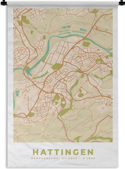 Wandkleed - Wanddoek - Hattingen - Vintage - Plattegrond - Stadskaart - Kaart - 120x180 cm - Wandtapijt